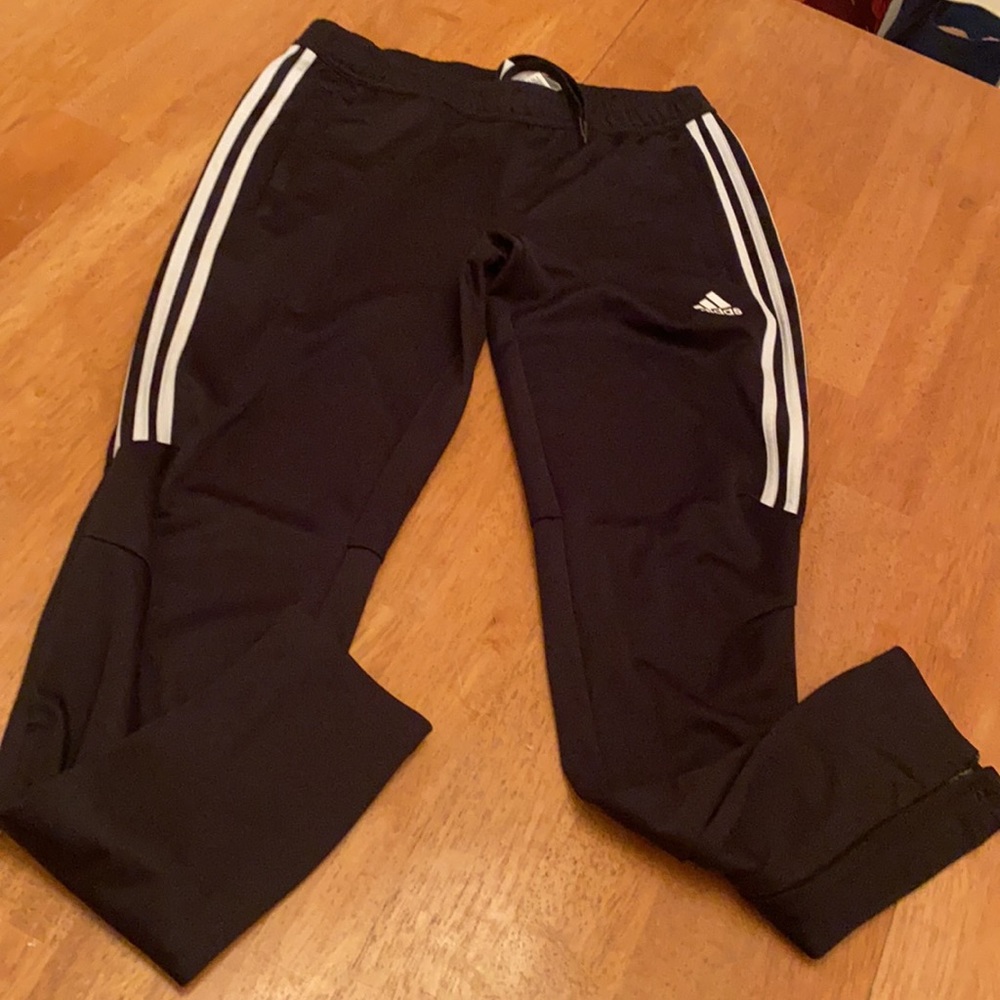 Adidas black & white soccer/athletic pants with zips at ankles hood condition M